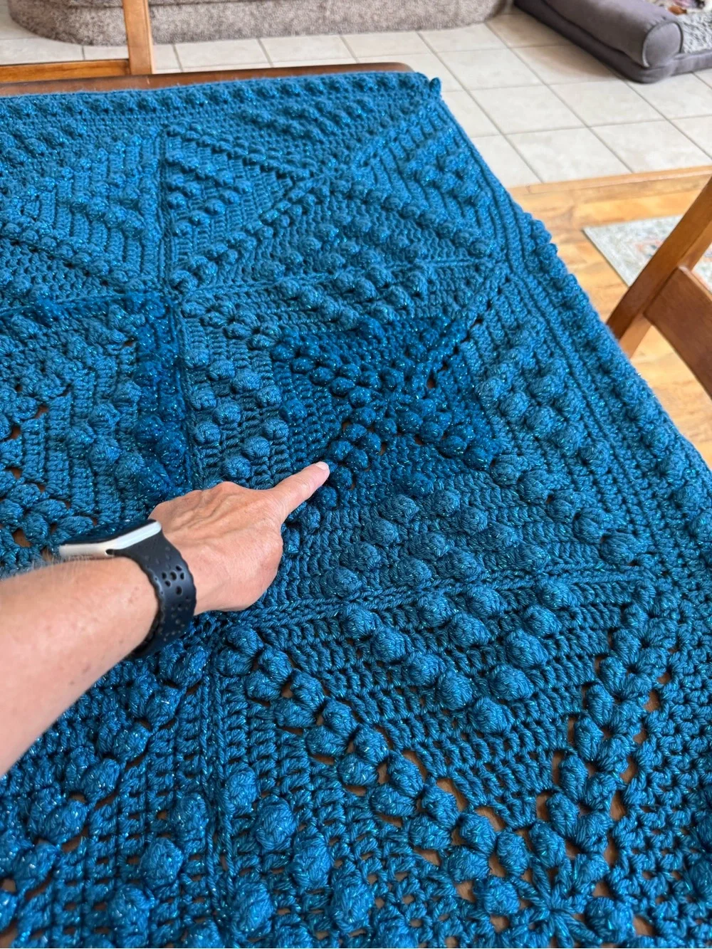 Handmade Blue Sparkle Crochet Afghan Blanket Textured Square Motif Boho Throw